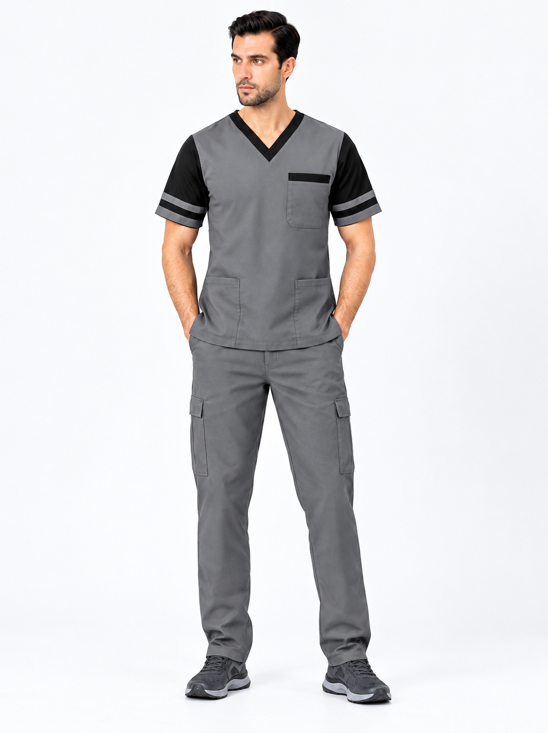 MENS CLASSIC MEDICAL SCRUB NURSING UNIFORM CONTRAST - Image 3