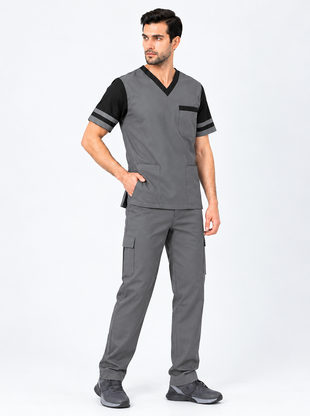 MENS CLASSIC MEDICAL SCRUB NURSING UNIFORM CONTRAST - Image 4